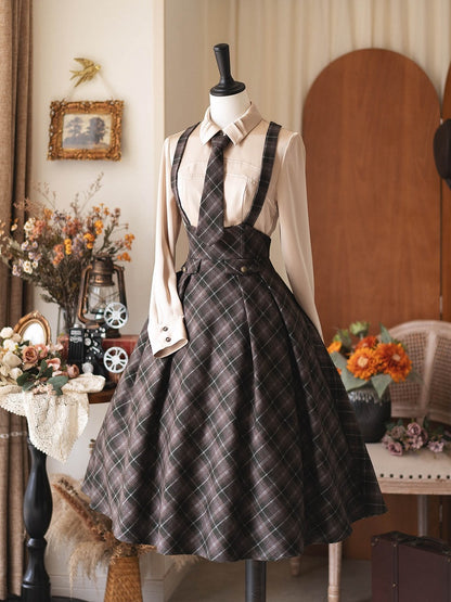 Tie Vintage Style Plaid with Dark Green Skirt Preppy Waist Tonal High Overall