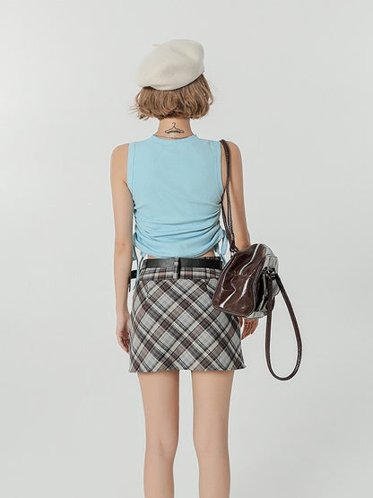 Light Blue Retro Puppy Print Ruched Sleeveless Top - Girlyhalo