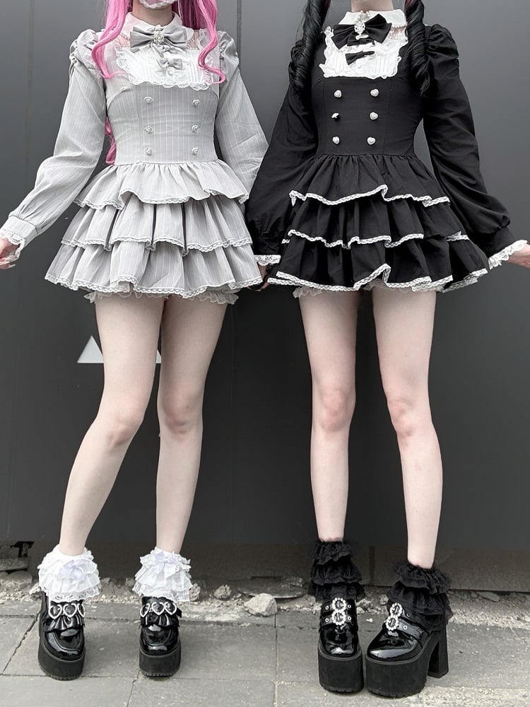 Gray Striped Ryousangata Two-Piece Set with Tiered Ruffle Dress, Bows, Lace & Bloomers - Virtual Paradise