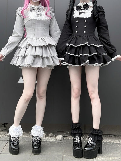 Black Jirai Kei Two-Piece Set with Tiered Ruffle Dress, Bows, Lace & Bloomers - Virtual Paradise