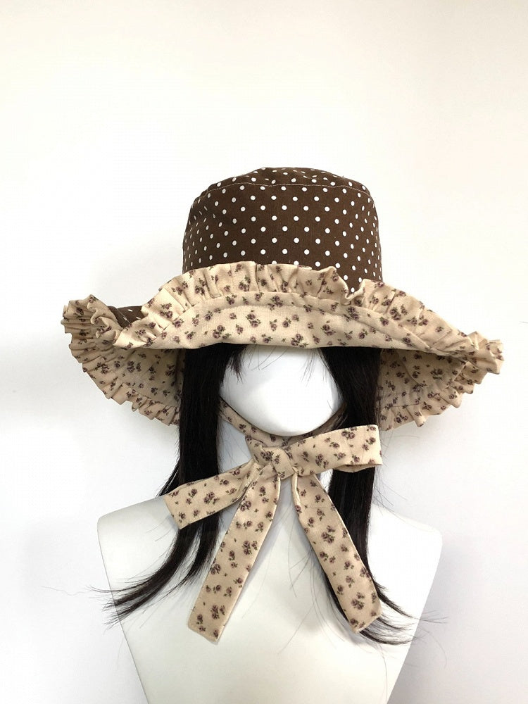Brown Polka Dot Ruffle Bucket Hat Floral - freetrader