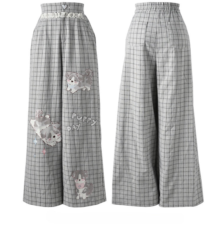 Normale/kurze Spitze, grau kariert, Welpen-Print, Herz-Knopf-Version, weites Bein, Hosenbesatz
