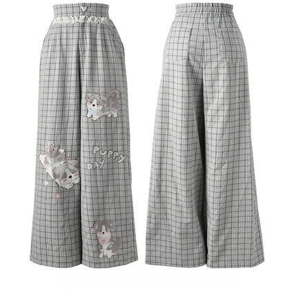 Normale/kurze Spitze, grau kariert, Welpen-Print, Herz-Knopf-Version, weites Bein, Hosenbesatz