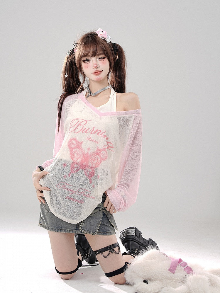 Butterfly-Letter Set Pink Sheer White Top Print Halter
