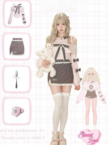 Bow Top Puff Accents and Sleeves Plaid Shoulder Knit Cutout with Pink