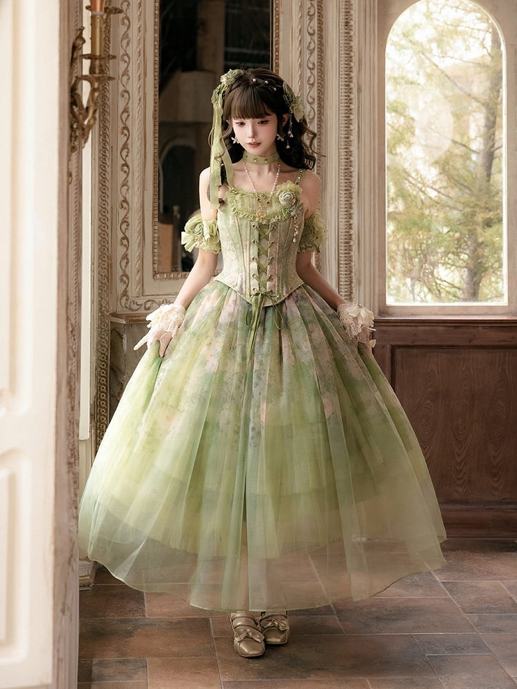 Green Oil Painting Lace-Up Corset Top - Nine Odes