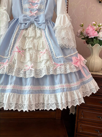 Süßes Lolita-Kleid mit Spitzenbesatz, rosa Schleifen, blau, JSK