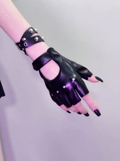 Punk Black Cutout Half-Finger Gloves with Studded Bracelet Set - Mr. Cat