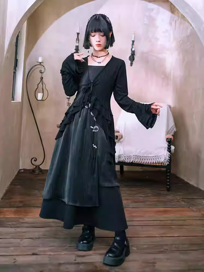 Ärmel Saum Stil Asymmetrische Schwarz Layered Cardigan Gestrickte Cheongsam Glocke