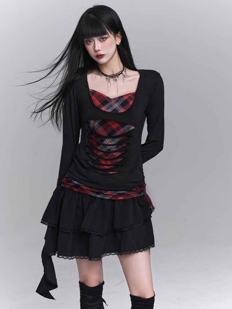 Sweetheart Neckline Distressed Holes Faux Two-pieces Red