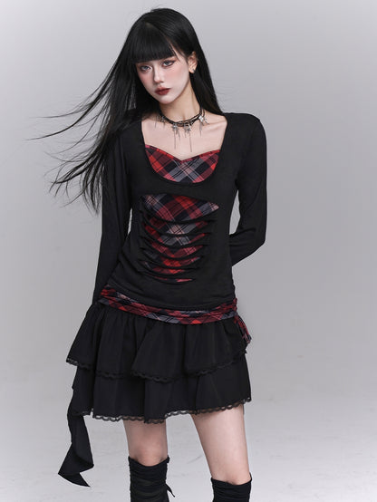 Sweetheart Neckline Distressed Holes Faux Two-pieces Red