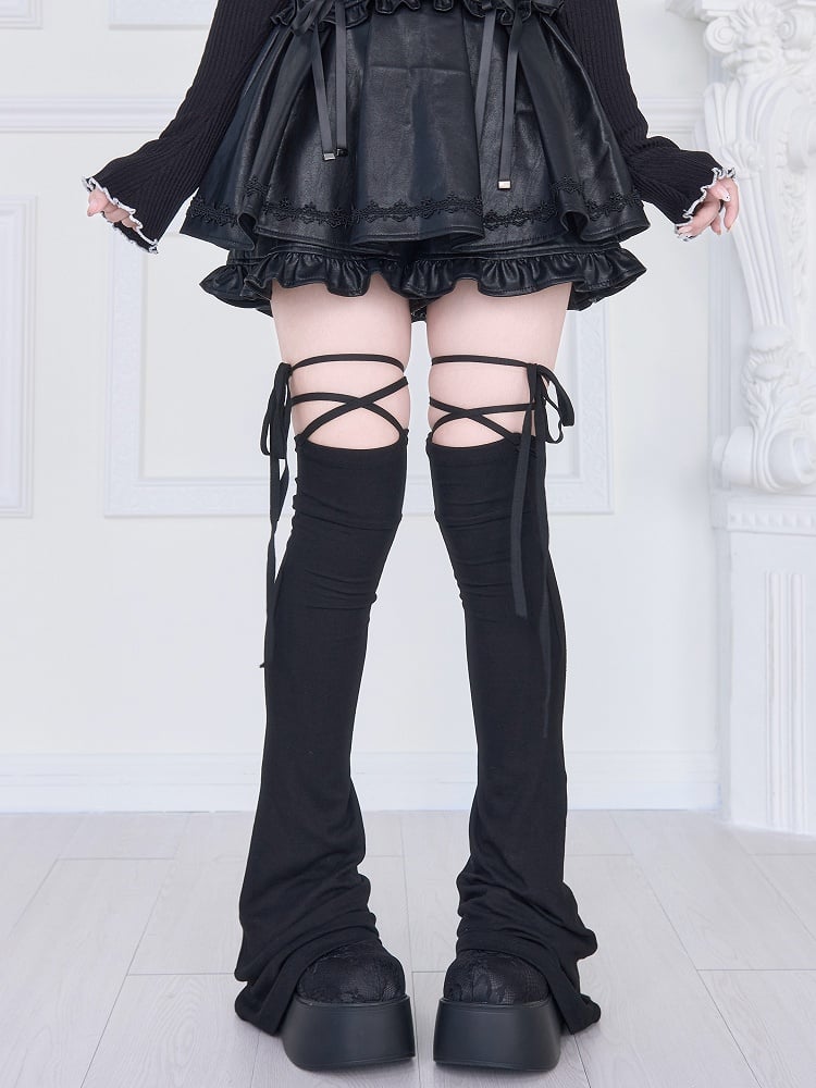 Black Jirai with Kei Leg Straps Criss-Cross Self-Tie Warmers
