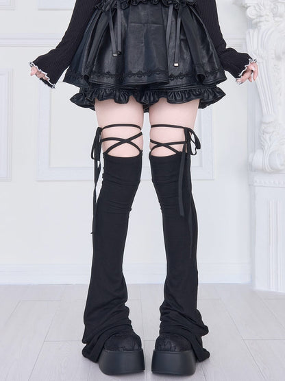Black Jirai with Kei Leg Straps Criss-Cross Self-Tie Warmers