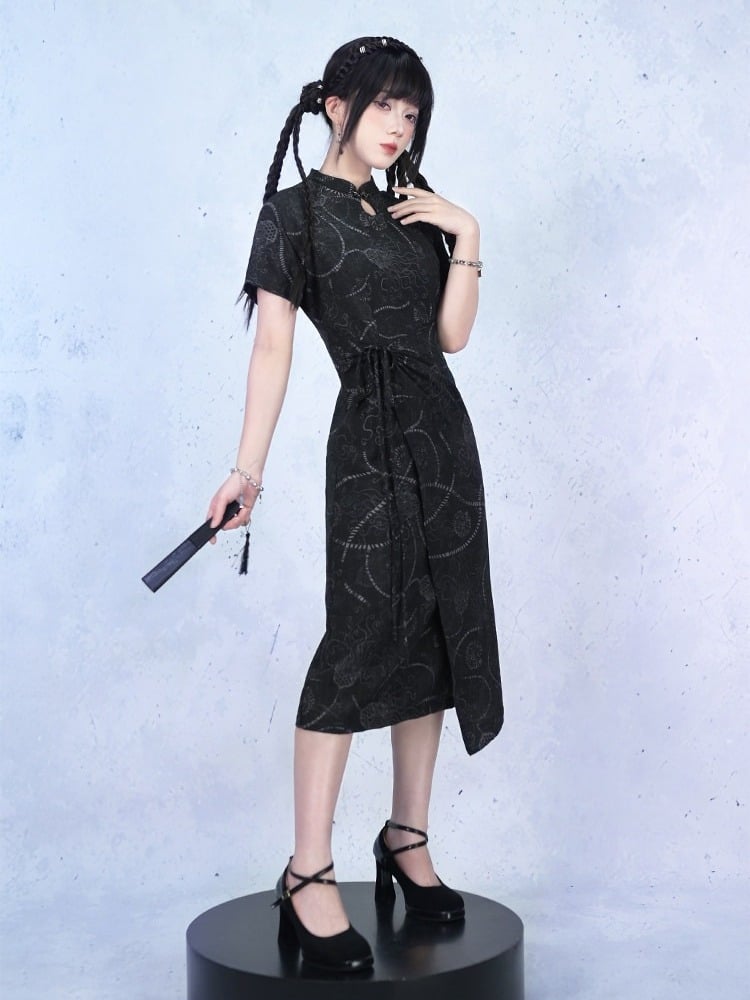 Black Gothic Short Sleeve Cheongsam Sea Lily Print - Quirky Hut