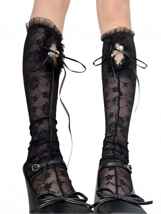 Pearl Self-tie Stockings Black Straps Floral Y2K Pattern Semi-sheer Underknee With Charms