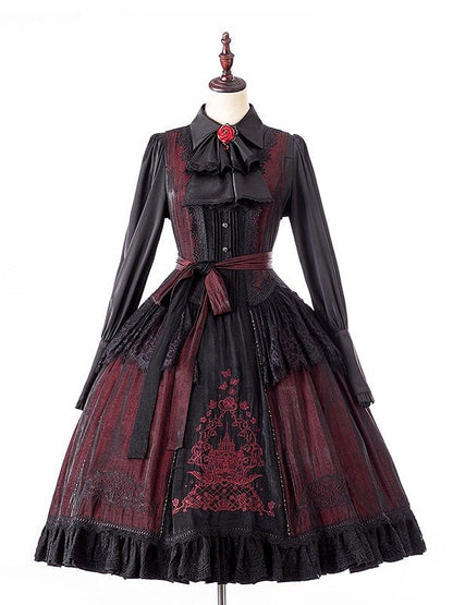 Gothic Lolita Dress+Blouse+Brooch Square Set Black Neckline Red Embroidered