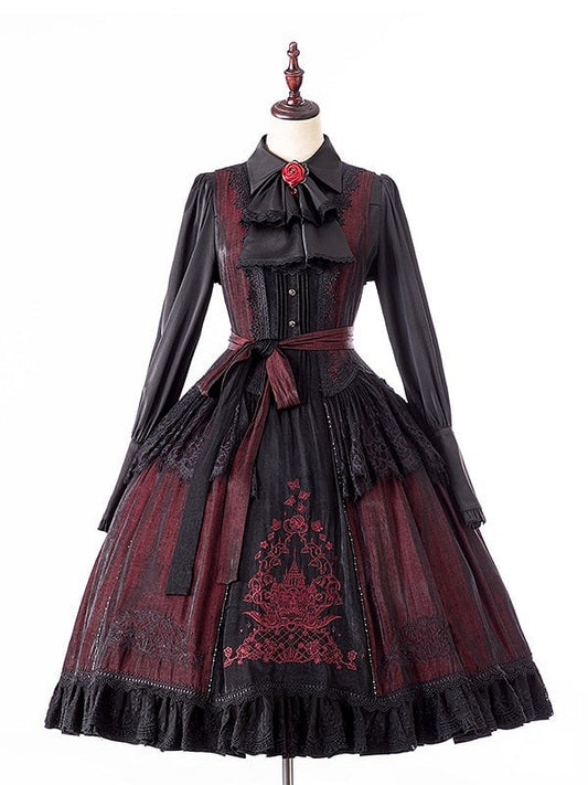Gothic Lolita Dress+Blouse+Brooch Square Set Black Neckline Red Embroidered