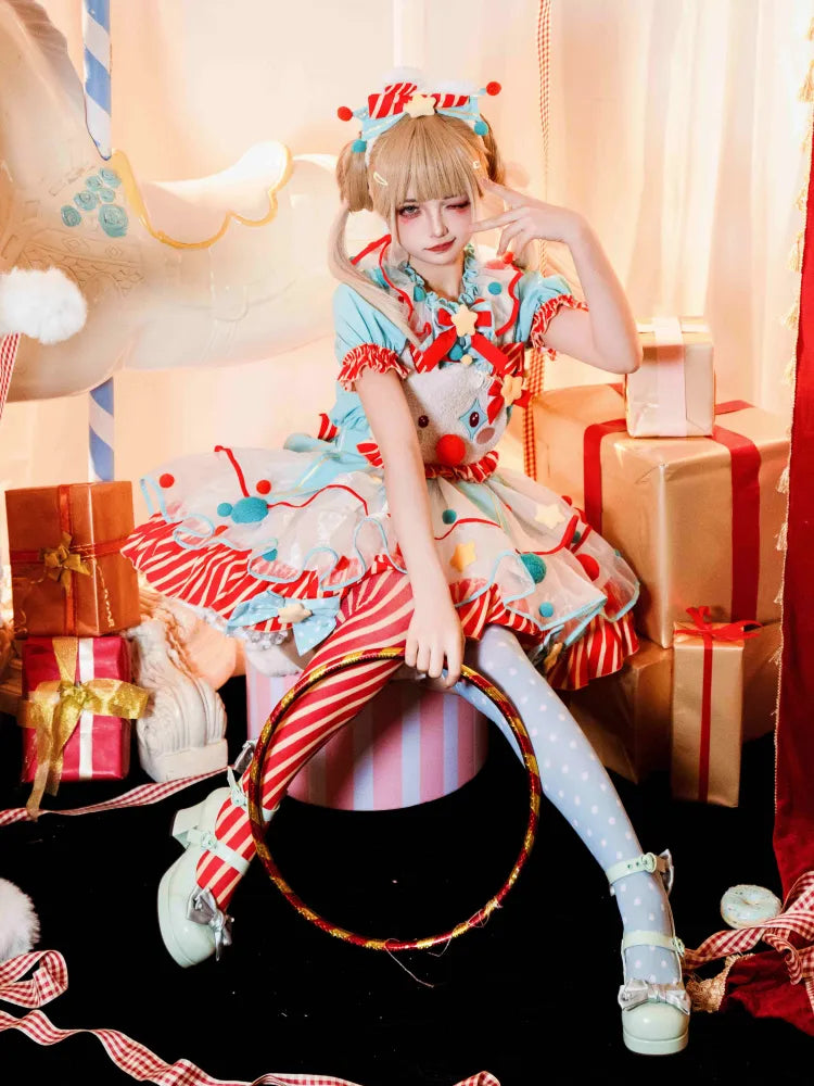 Fleece Clown Bunny Bodice Green and Orange Circus Sweet Lolita Overalls Pastel Clowncore Dress