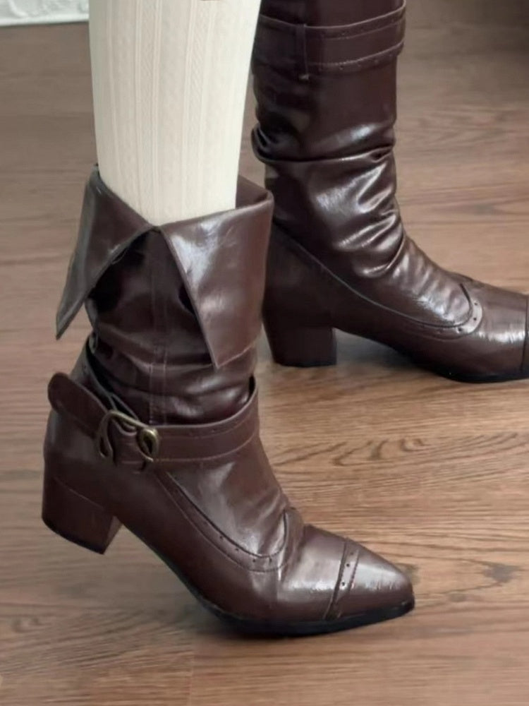 Brown Toe Pointed PU Slip-In Boots Cuff Stacked with Elegant Mid-heel Accents - Dark Foldable Buckle Lolita