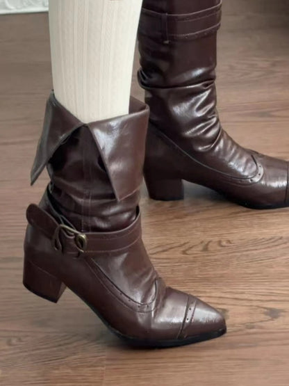 Brown Toe Pointed PU Slip-In Boots Cuff Stacked with Elegant Mid-heel Accents - Dark Foldable Buckle Lolita