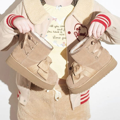 Charming Bow Design with Back Tie Closure Khaki Winter Boots in Sweet Lolita