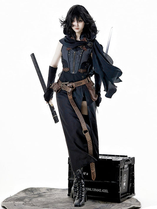 Kapuze Ärmellos Ärmel Schwarz Schlitz Schal Gürtel Shorts Kleid und + Oberschenkel-high Grau