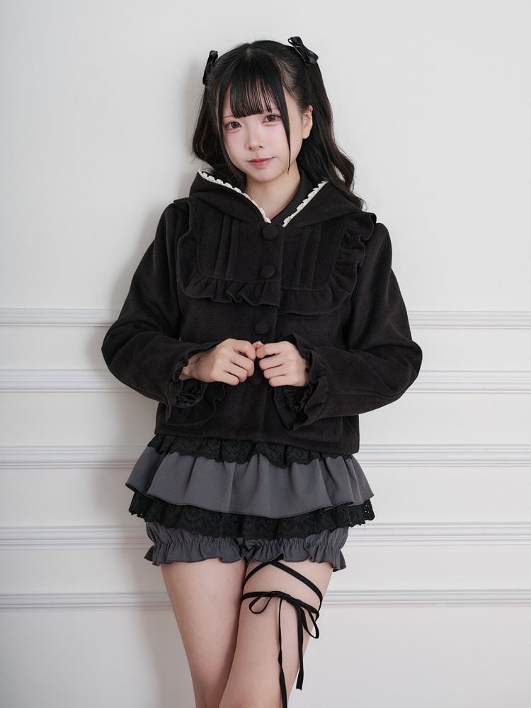Black Jirai-Kei Wool-Blend Short Hooded Jacket, Ruffled Detail - No Genki