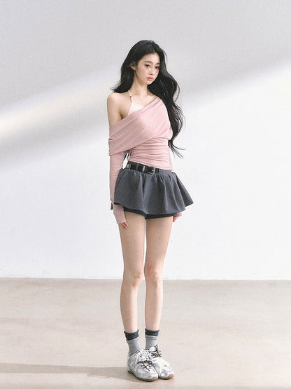 Pink/Khaki Asymmetrical Neckline Top Faux Two-pieces