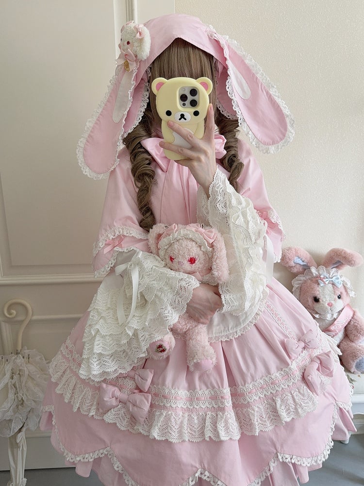 耳付きバニーケープ ピンク フード付き