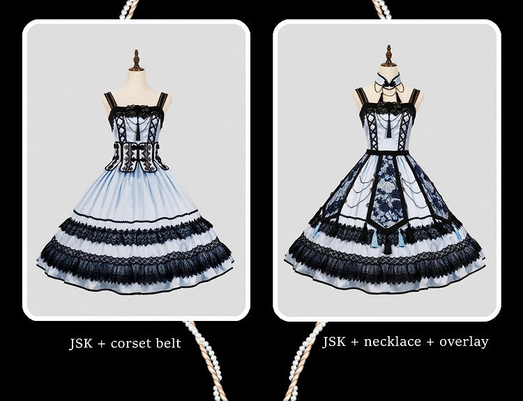 Blue and Black Elegant Chinoiserie Style Dress + Boned Corset Belt + Tassels Overlay Qi Lolita JSK Set