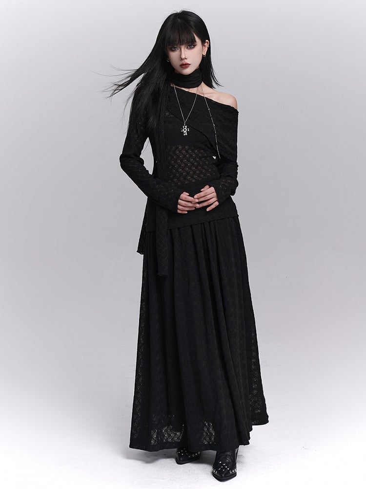 Skirt Waistband Lined Black Gothic Ankle-Length Elastic with
