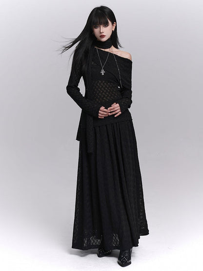 Skirt Waistband Lined Black Gothic Ankle-Length Elastic with