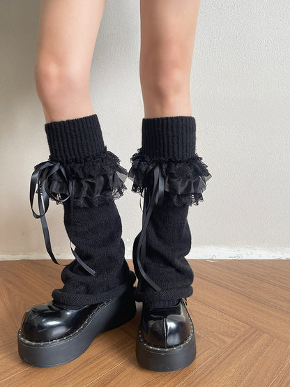 / Lace Accents Ribbon White Ribbed Leg Ruffled Warmers with Black