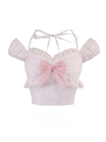 Weiße Träger mit Schleife, rosa, floral besticktes Top mit Puffärmeln zum Selbstbinden