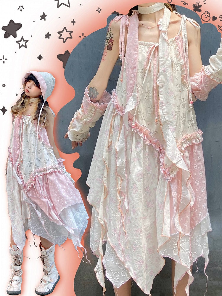 Beige Dress Hem Cami with Handkerchief Strap Trim Spaghetti Ruffle