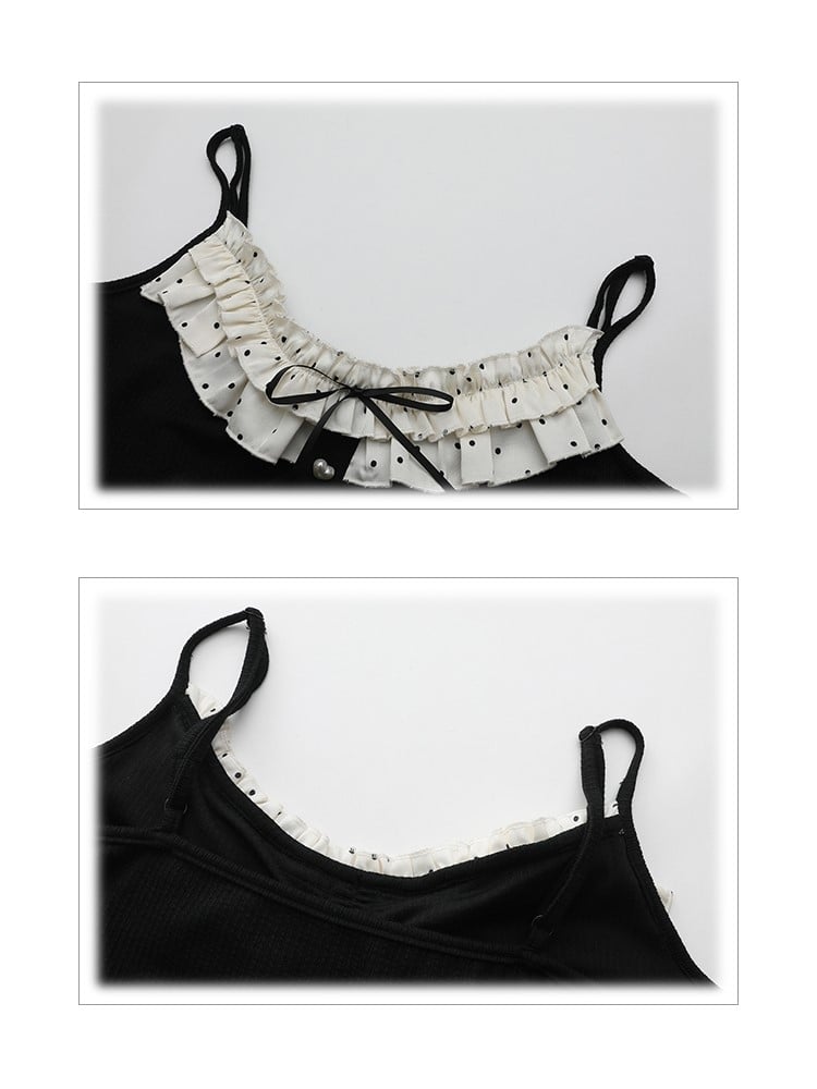 Top Size Hem Knit Polka Ruffle Neckline Black Plus Cami Dot White with Lace