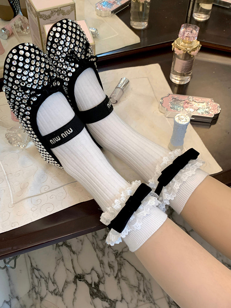 Trim Socks Ribbon Mid-Calf Bow with JK Lace Black/White