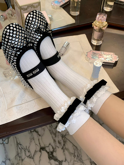 Trim Socks Ribbon Mid-Calf Bow with JK Lace Black/White