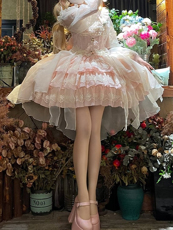 Stoff Jacquard Rock Tiered Lolita Kleid Jumper Balletcore Sweet Rosette Pink Akzente