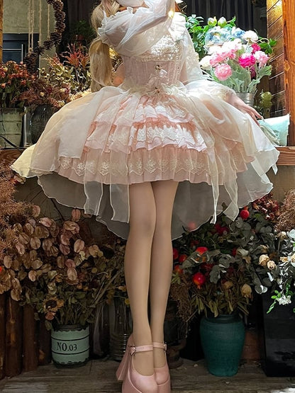 Stoff Jacquard Rock Tiered Lolita Kleid Jumper Balletcore Sweet Rosette Pink Akzente