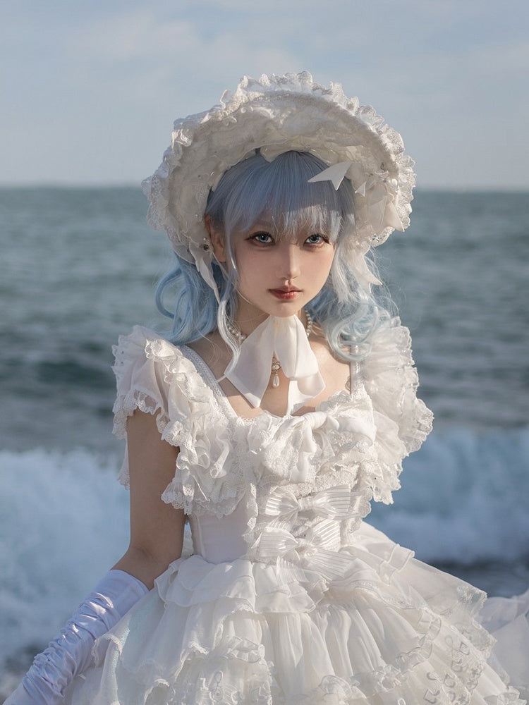 Trimmed Accents Lolita Bow Lace White with Bonnet