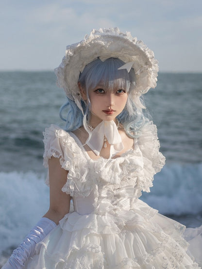 Trimmed Accents Lolita Bow Lace White with Bonnet