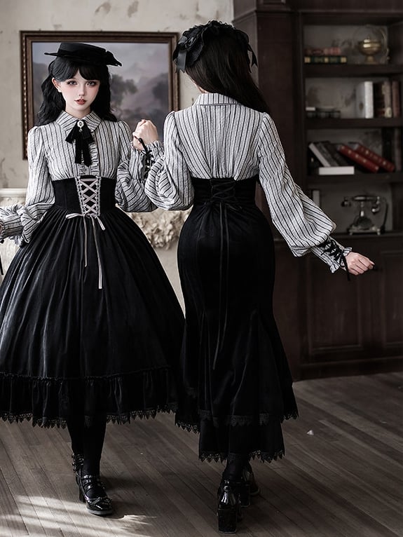 Blouse Mermaid Fake Black Pieces Two Waist and Lolita Skirt Boned Design Dress Striped