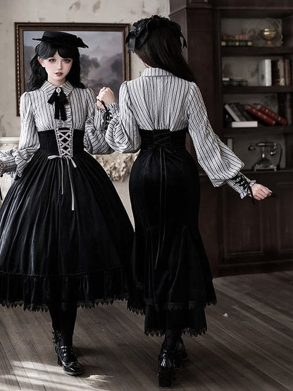 Blouse Mermaid Fake Black Pieces Two Waist and Lolita Skirt Boned Design Dress Striped