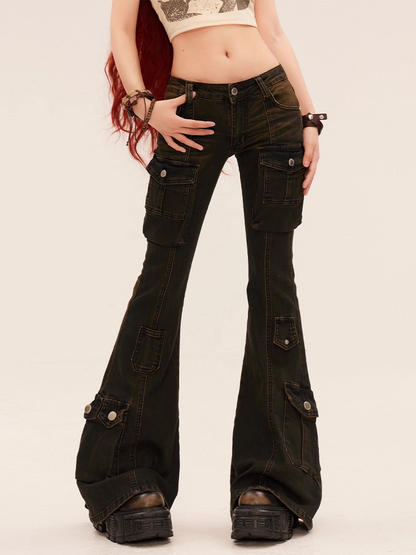 Pockets Flared Jeans Rise Cargo Black Low