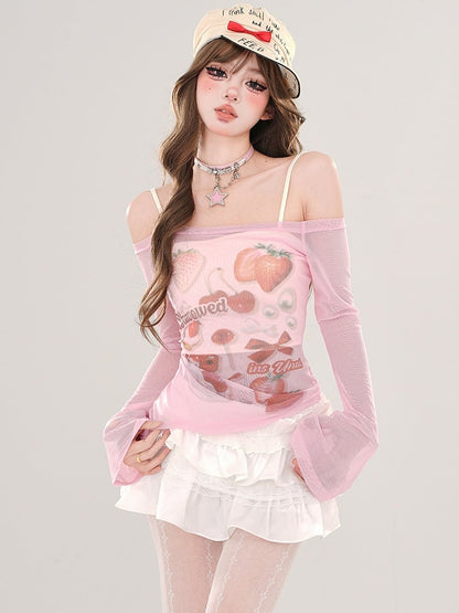 Rosa/Aprikose – Halbtransparentes, schulterfreies Top mit Erdbeer-Print und Camisole-Set