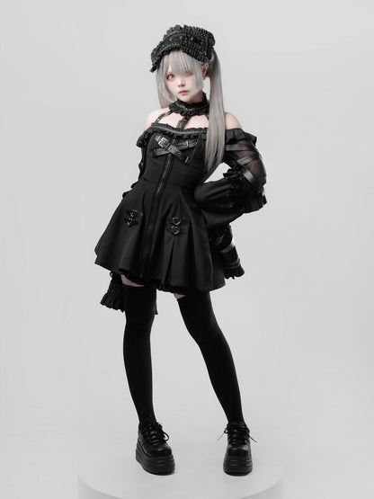 Black Halter Flare Long-Sleeve Dress with Leather Straps & Shorts Set - Bunny Rush