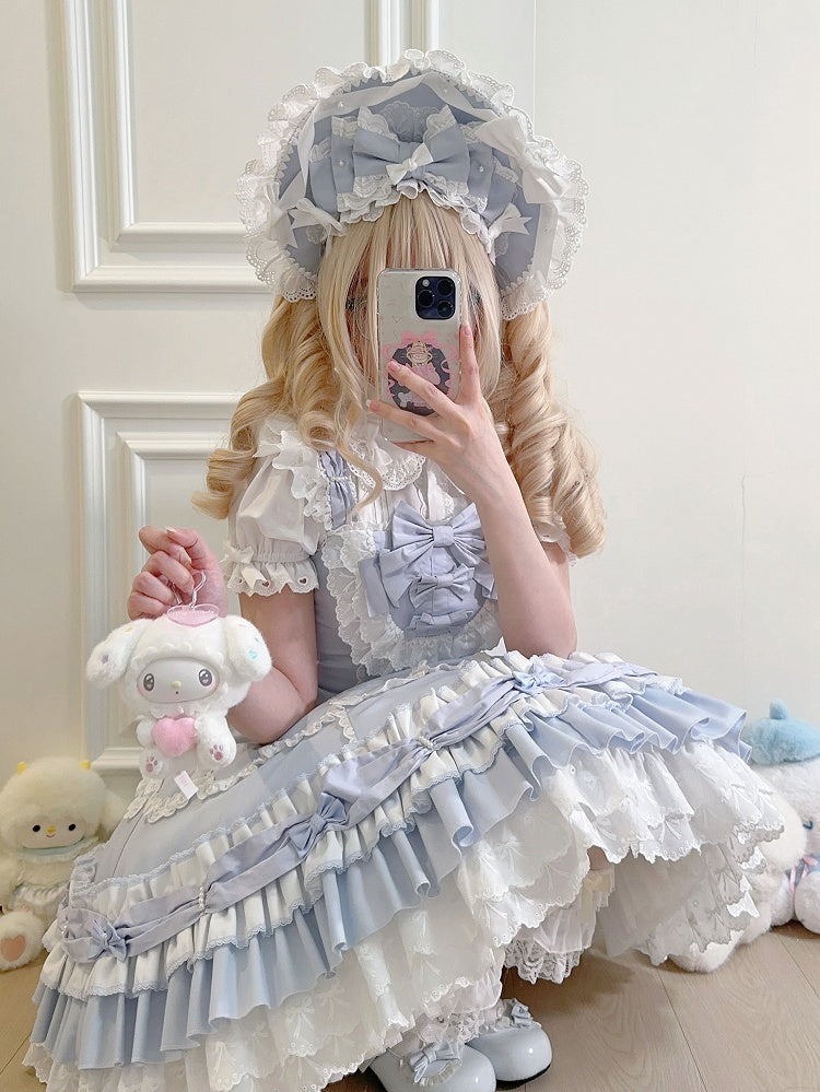Layered Ruffle Old Bows White and Blue Decorated Sweet Hemline