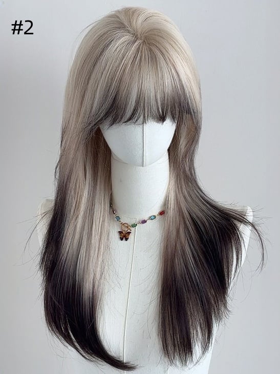 3 Optionen Lange glatte Kunsthaarperücke mit Pony