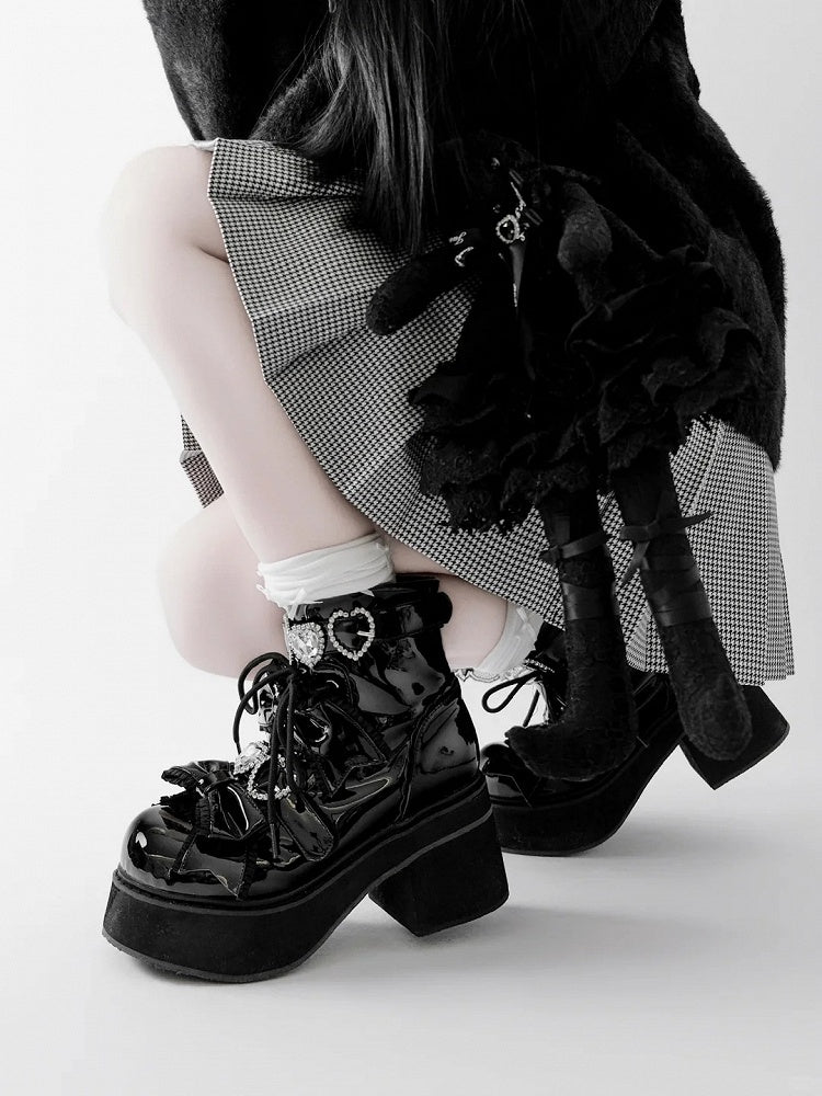Platform Ankle Boots Buckles Jirai Kei Polished and Black Rhinestons Sweetheart with